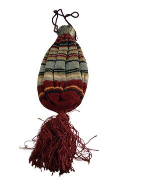 Antique Boho Knit Beggars Bag Purse Accordian Opening Tassel Striped
